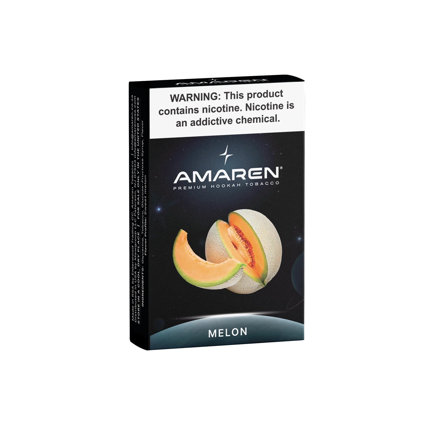 Amaren hookah tobacco packaging with a melon illustration on a white background