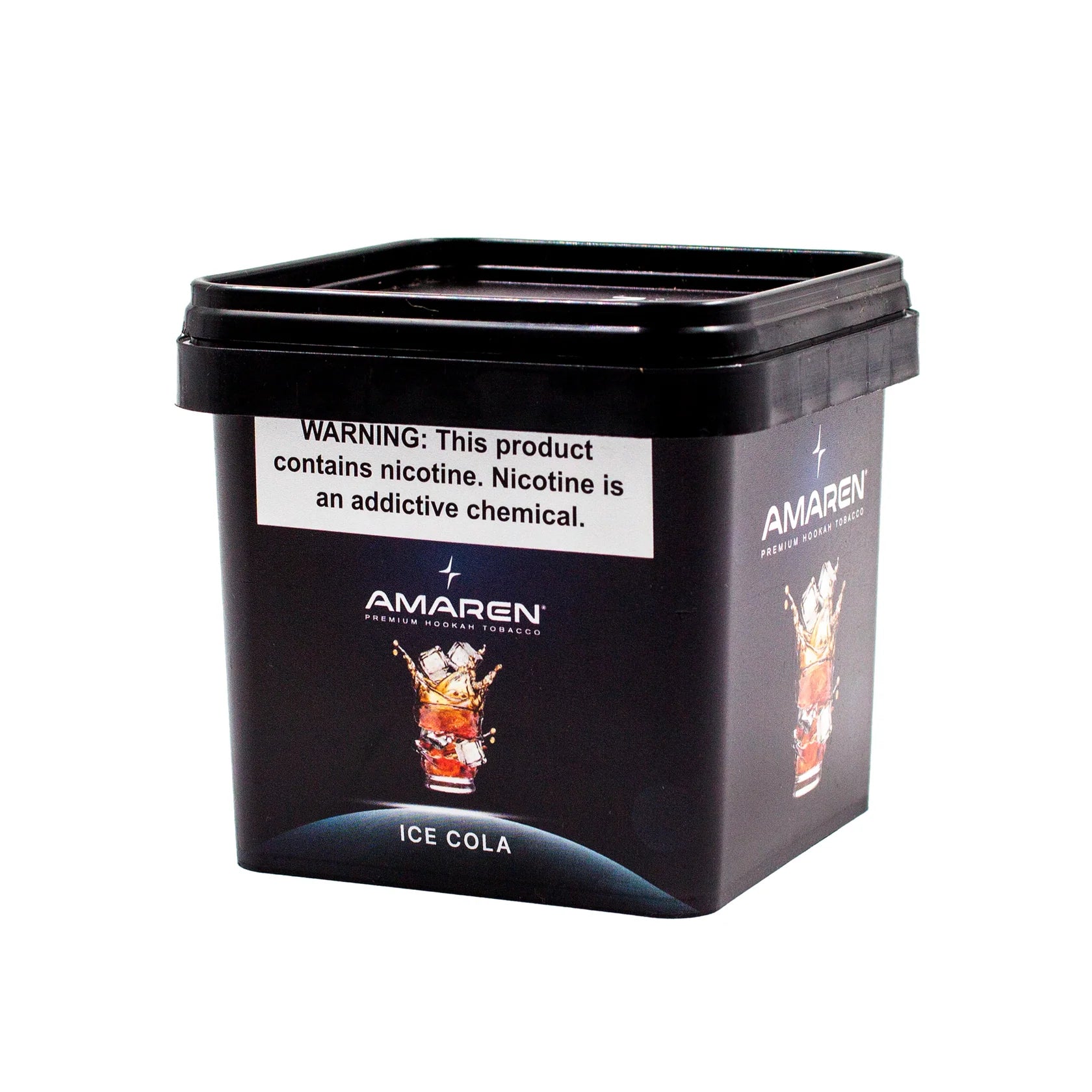 Black container of Amaren Ice Cola with warning label on a white background