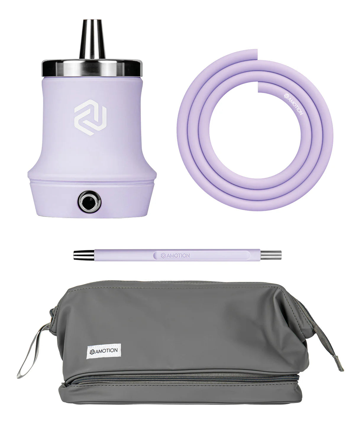 Amotion Roam Hookah + Kit components, including hose, mouthpiece, and travel bag.