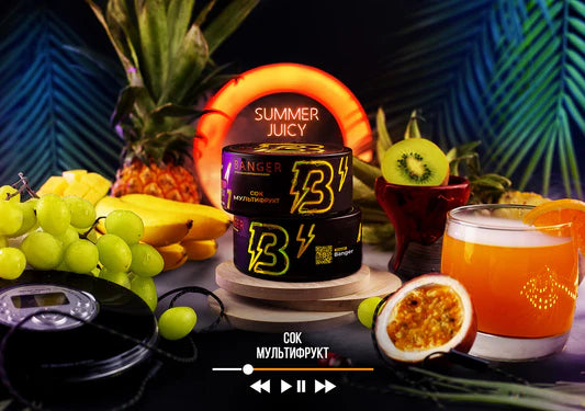 ummer Juicy by Banger Hookah Tobacco - tropical fruit blend of apricot, peach, orange, passionfruit, kiwi, and banana.