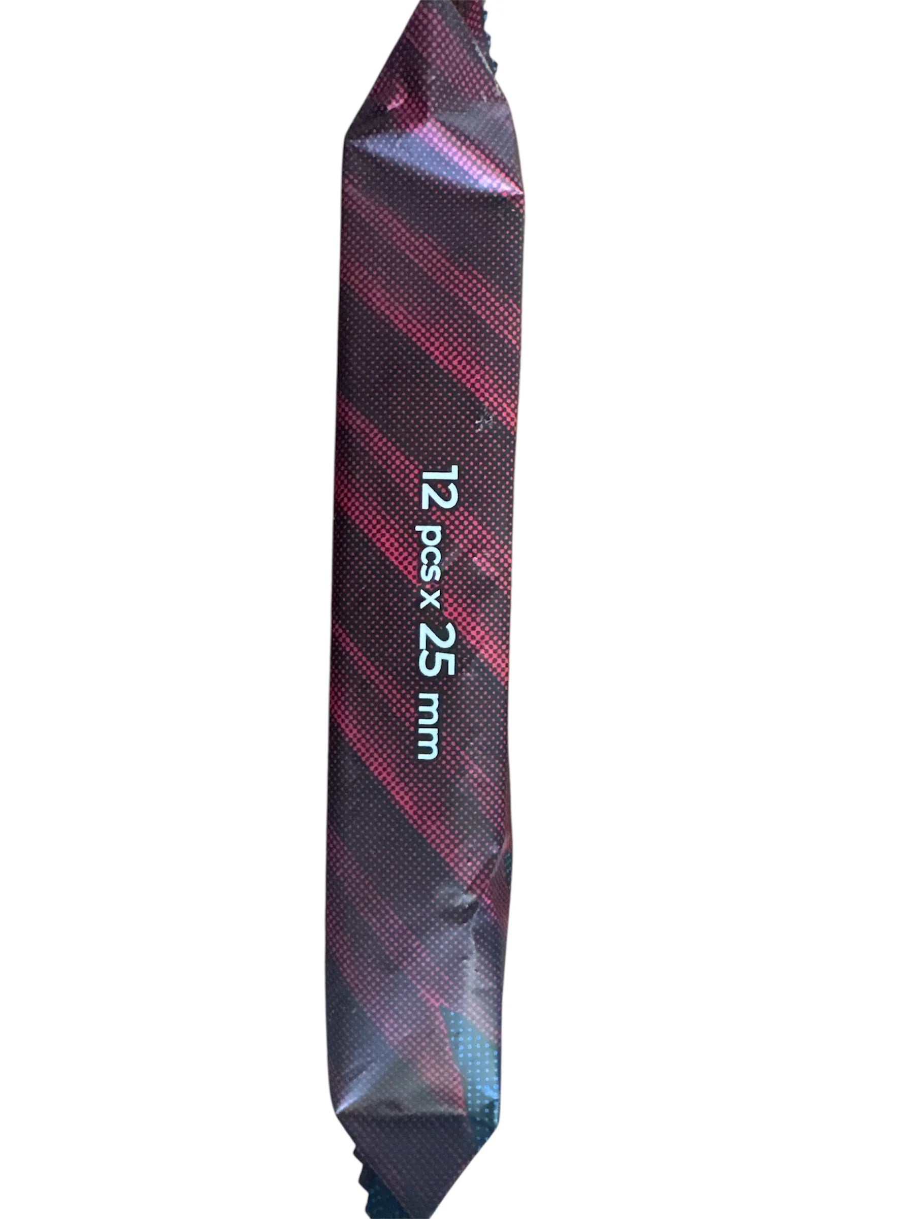 Black and red striped packaging with text on a white background