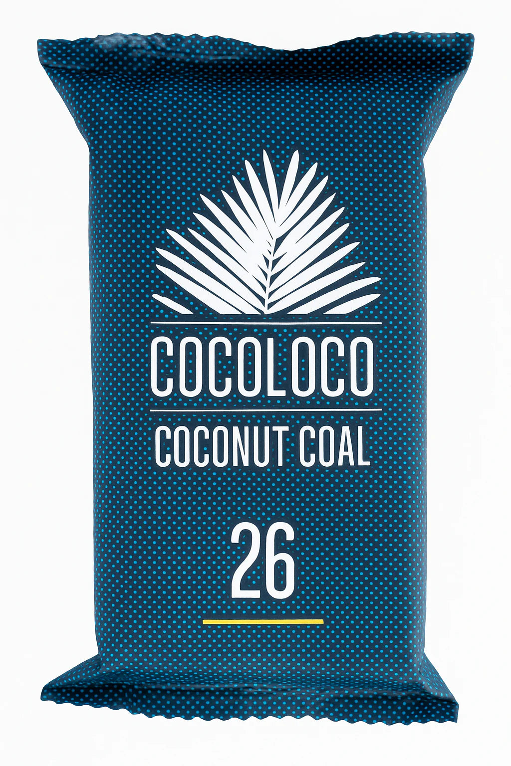 Blue packaging of Cocoloco Coconut Coal with a palm leaf logo on a white background