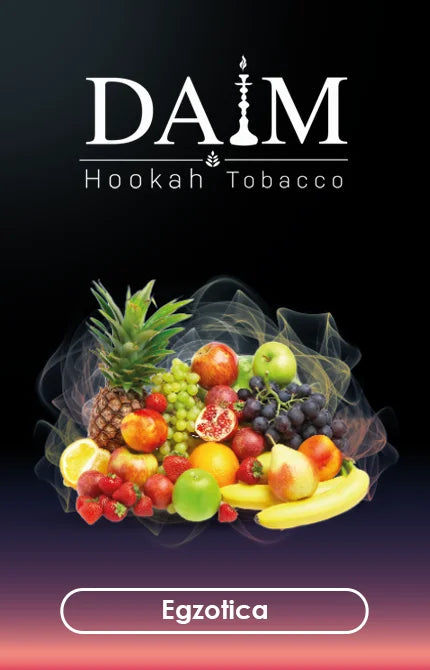 DAIM Hookah Tobacco packaging with fruits and smoke on a dark background
