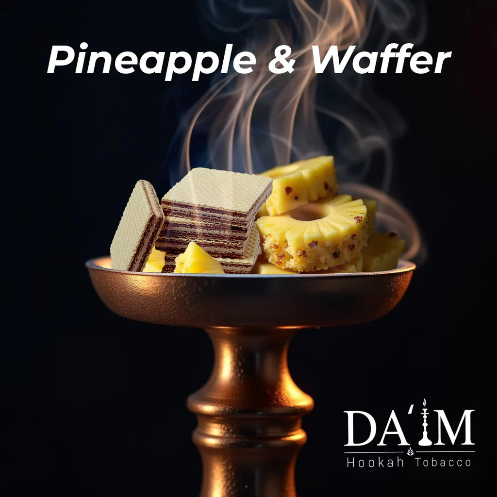 Pineapple and waffer on a bronze dish with smoke, featuring Dáňžk Hookah Tobacco branding.