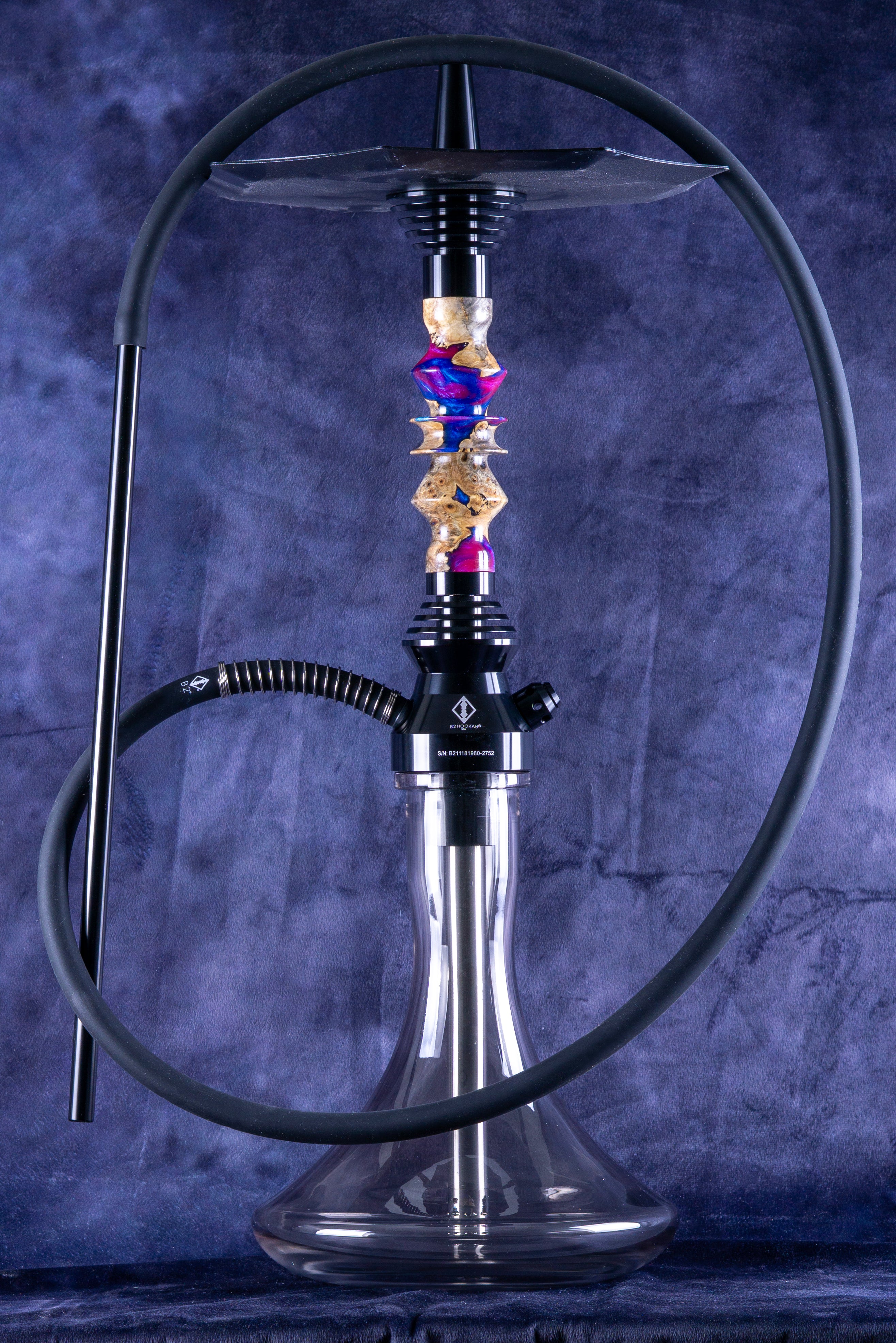 B2 Hookah V5 Delta Midnight Berry Hookah - USA Made Precious Cut Wood and Resin Stem
