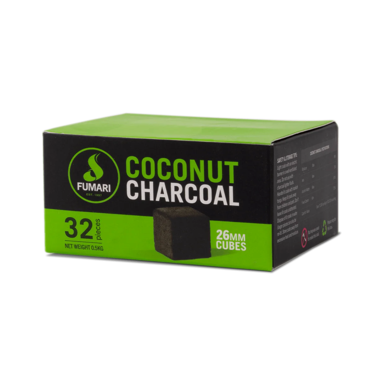 Low ash glowing Fumari 26mm coconut charcoal cubes on a hookah bowl