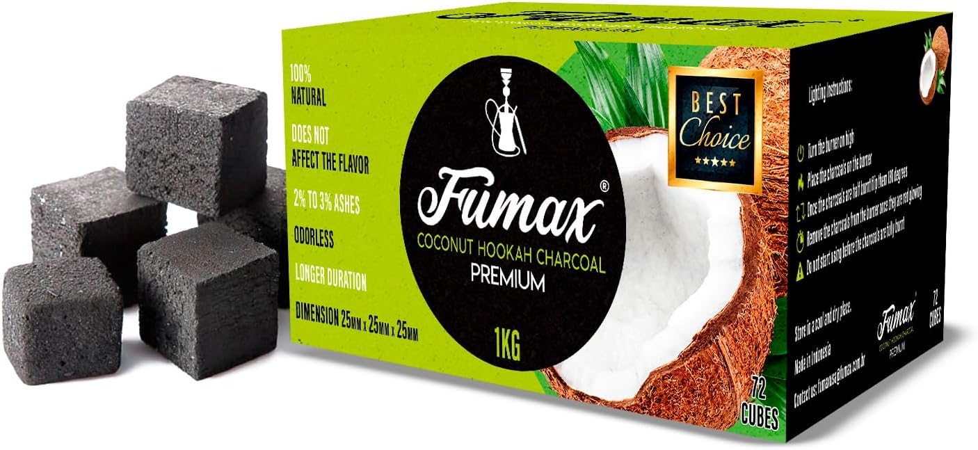 Fumax Premium Coconut Charcoal 1kg Box - 72pc Natural 25mm Cubes