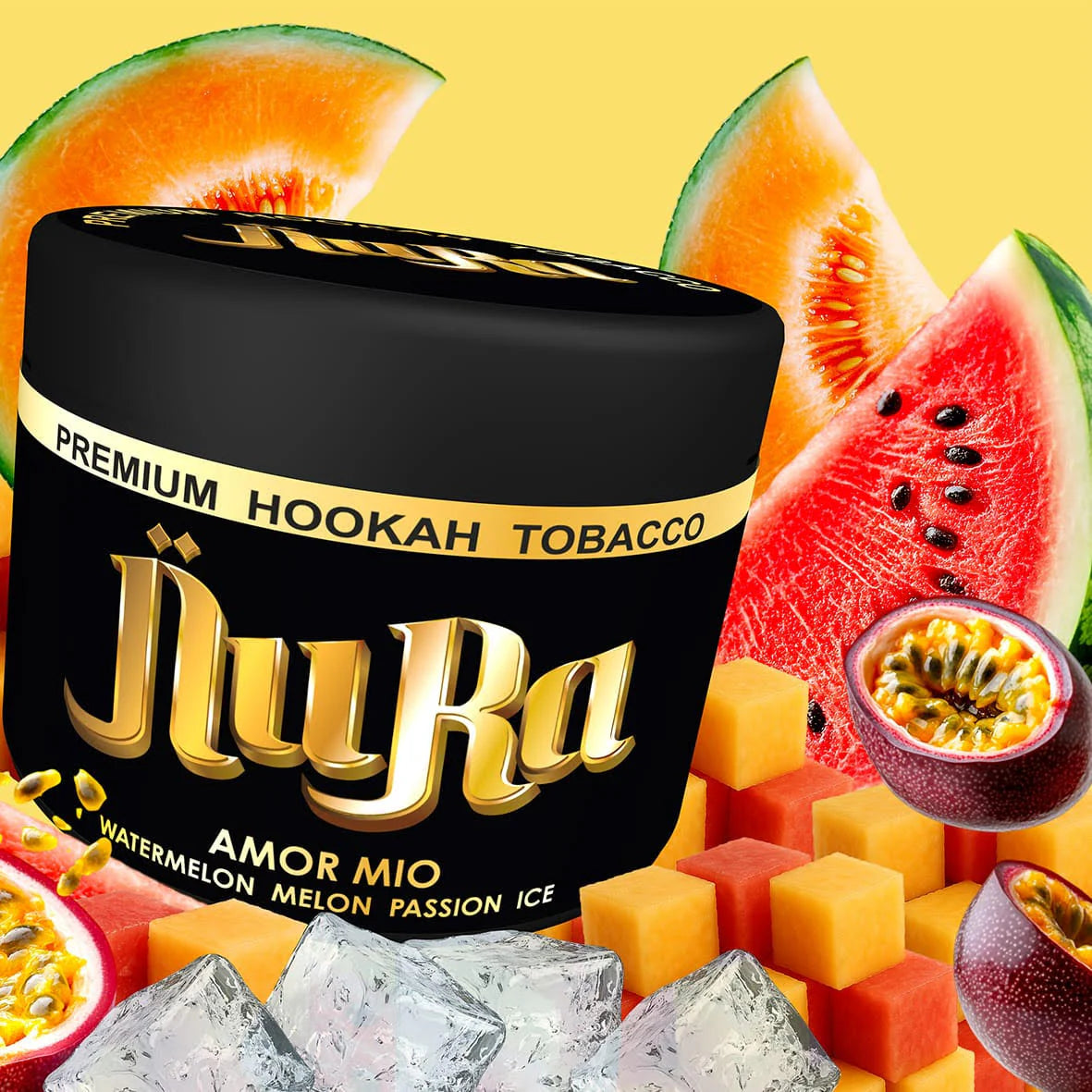 Nura hookah tobacco can with watermelon, melon, and passion fruit graphics on a yellow background