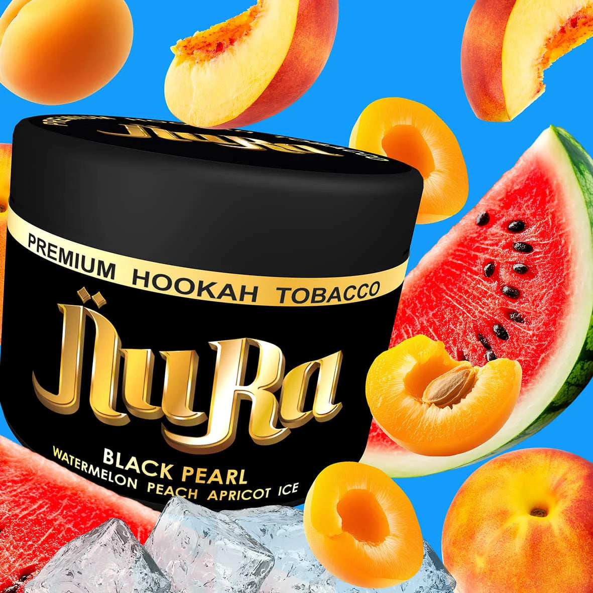 NuRa Black Pearl hookah tobacco container with watermelon, peach, apricot, and ice on a blue background