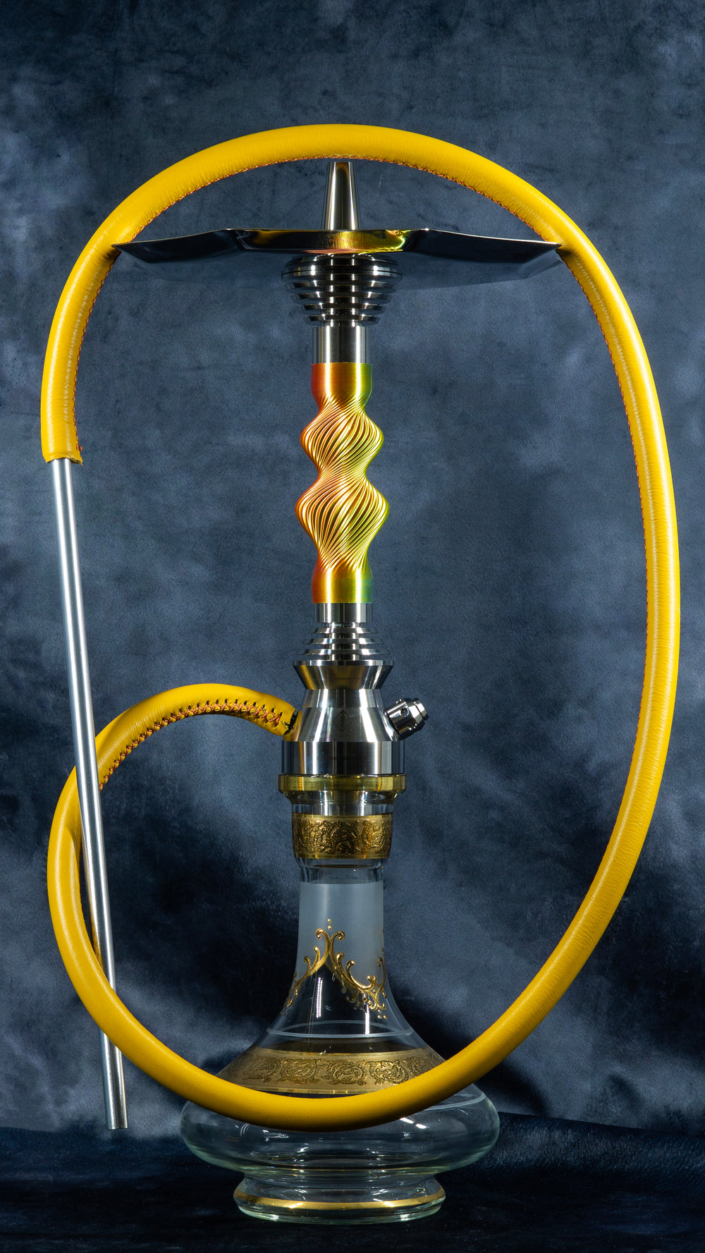 B2 Hookah SS 304 – Stainless Steel Helix Rainbow Yellow Leather Hose & Bohemian Crystal Vase