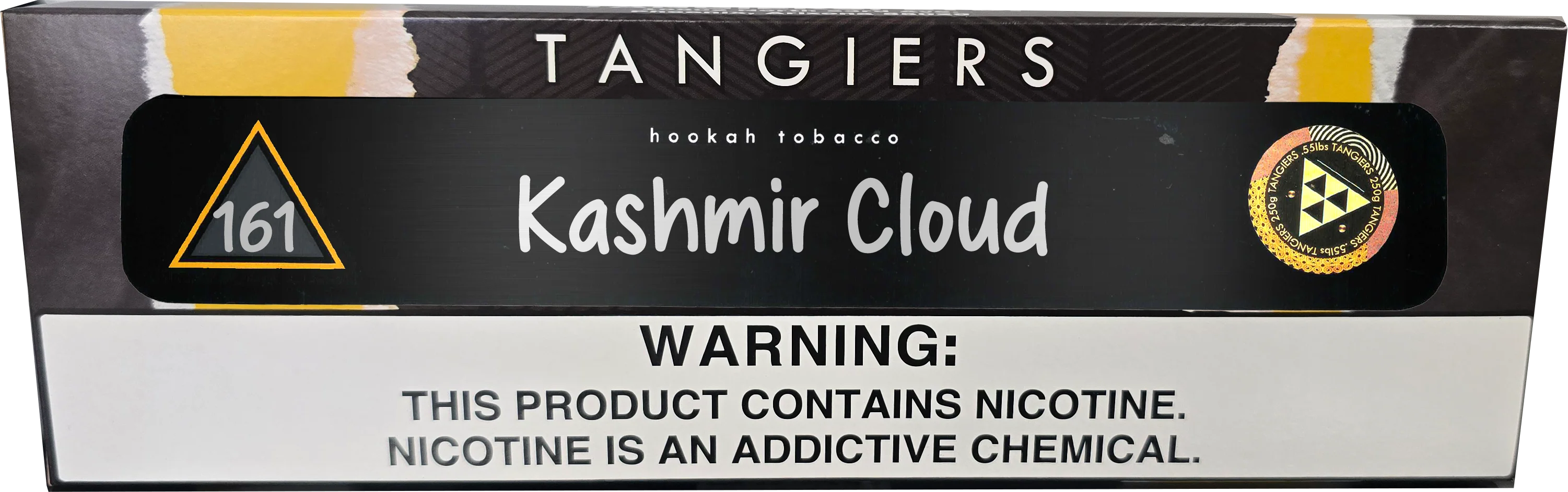 Front of a Tangiers Hookah Tobacco Kashmir Cloud 161 packaging box, featuring a black and white design with a yellow triangle logo and a prominent nicotine warning label.