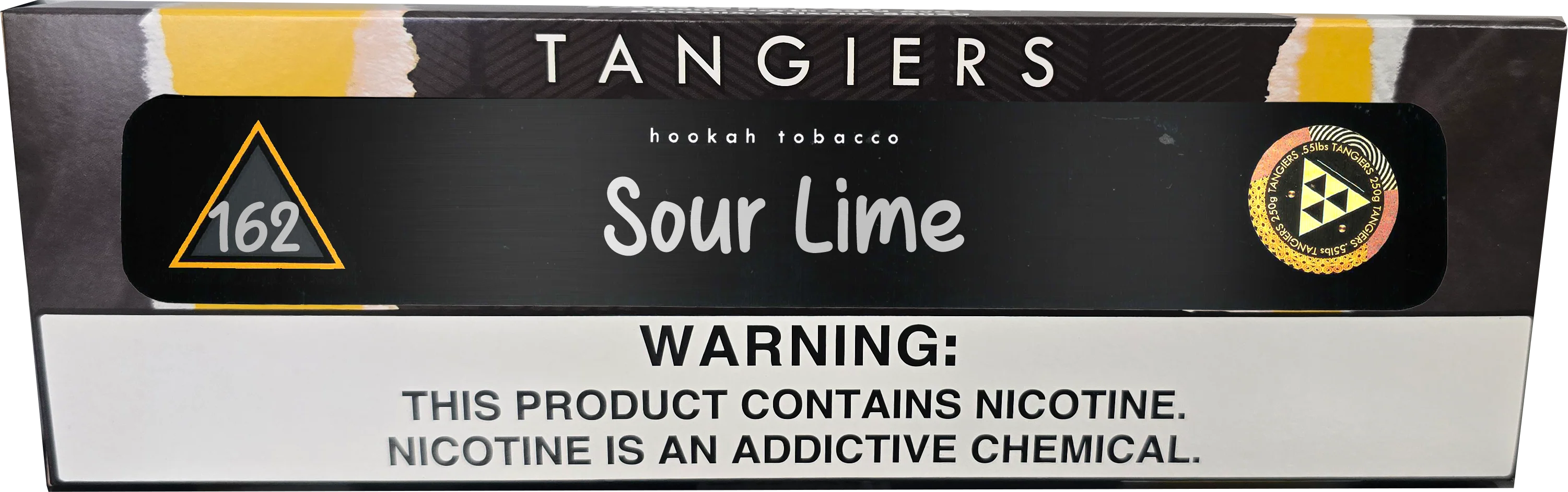 Tangiers Hookah Tobacco Sour Lime 162 flavor packaging box, featuring a black and white design with a yellow warning triangle and a circular gold seal.
