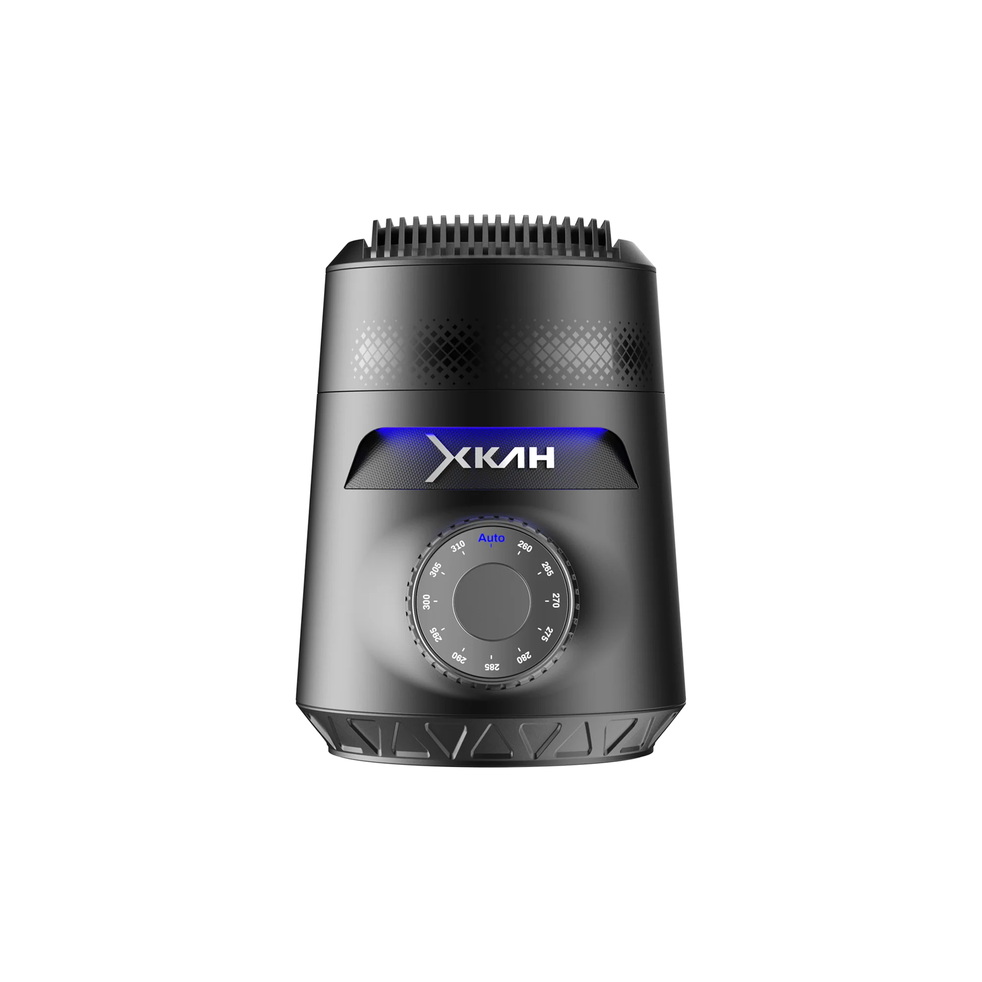 A black cylindrical electronic device with a textured top, a central control dial, and a blue illuminated brand strip reading XKAH, shown on a plain white background.