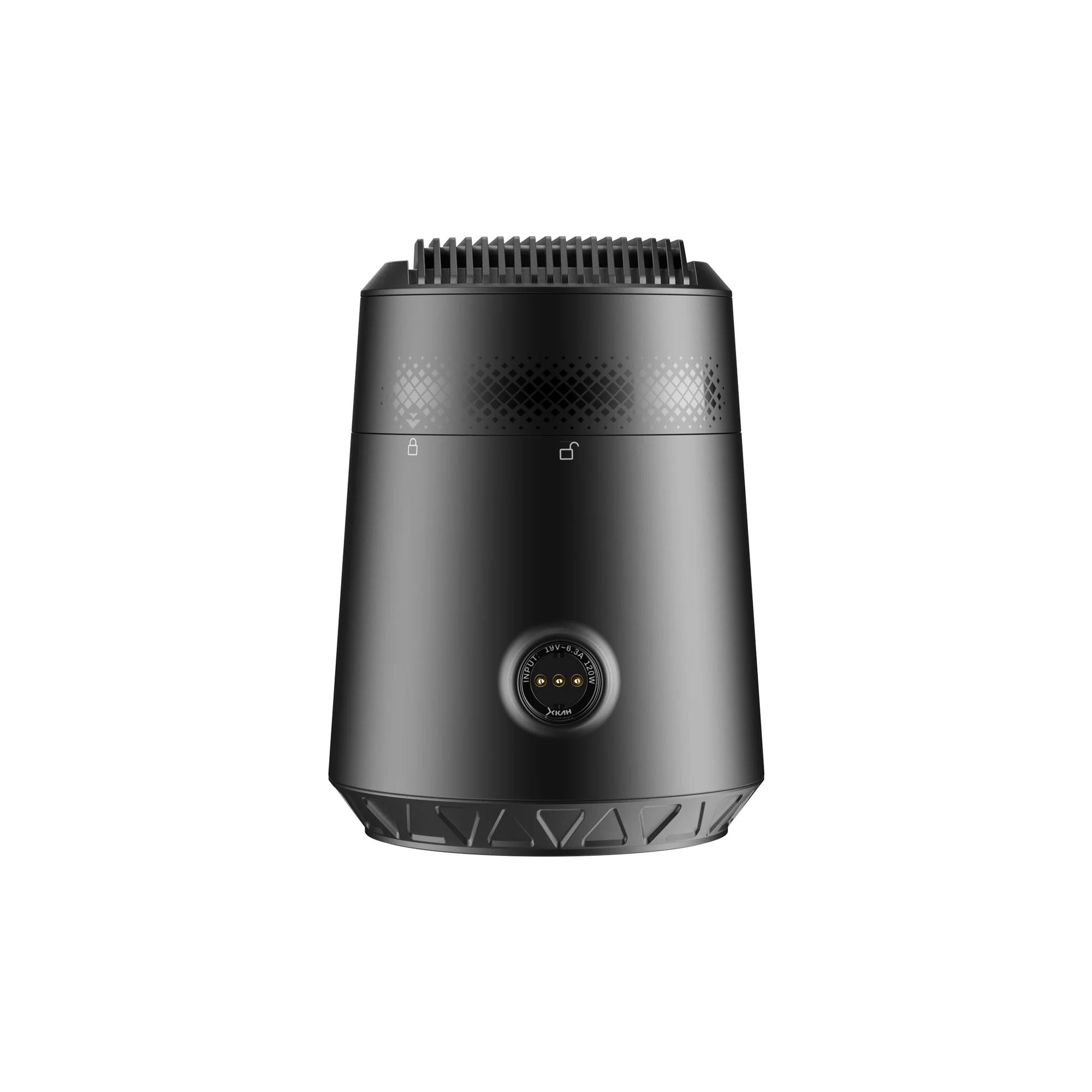 A sleek, matte black cylindrical electronic device with a ribbed top and bottom, textured middle band, and a circular port on the front, shown against a solid white background.