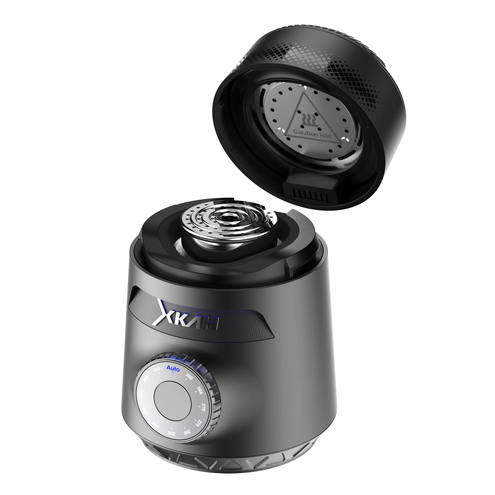 Black Xikar grinder with open top on a white background