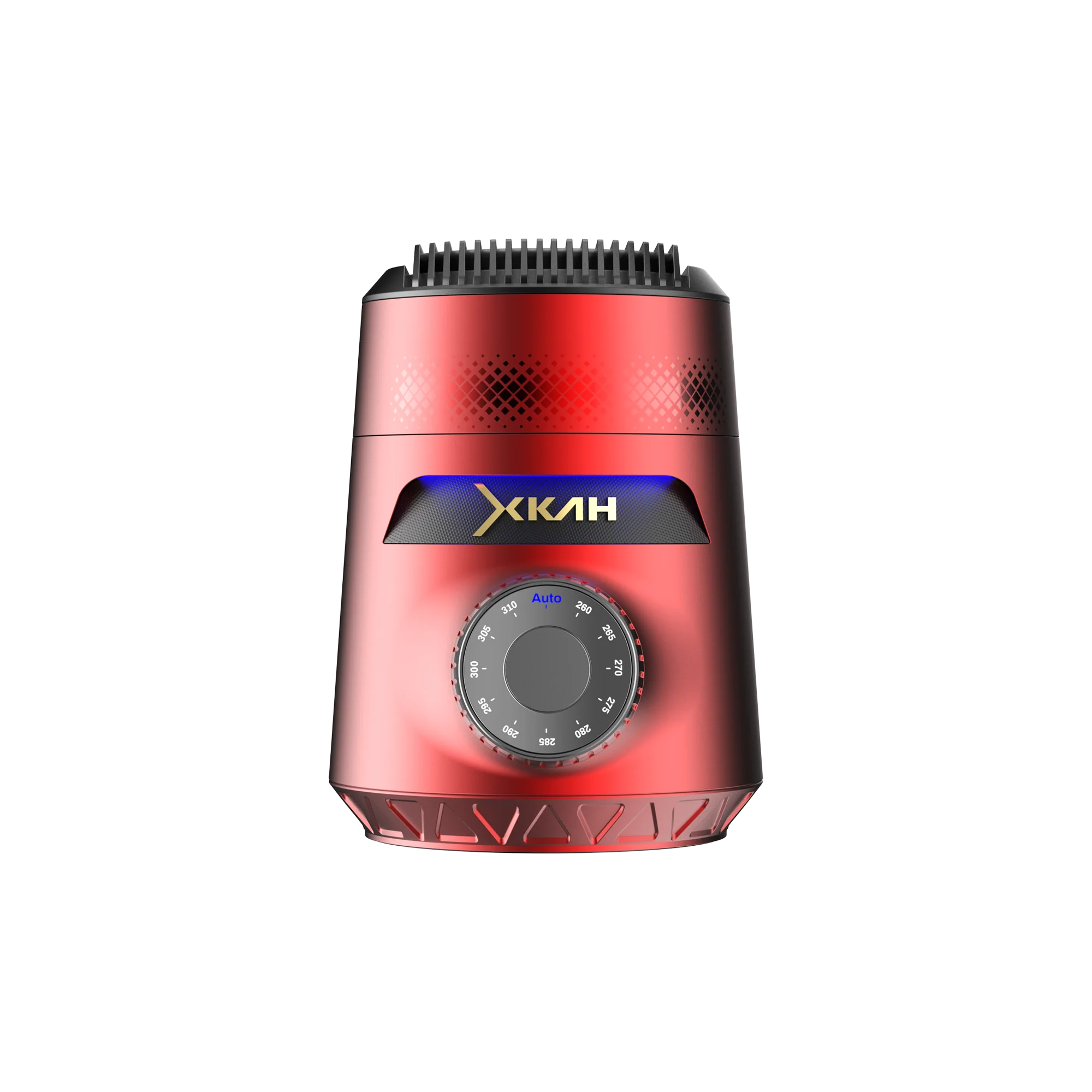A red cylindrical electric heating pad or humidifier with a textured top, a central dial, and a black brand plate reading 'XKAH' on a white background.