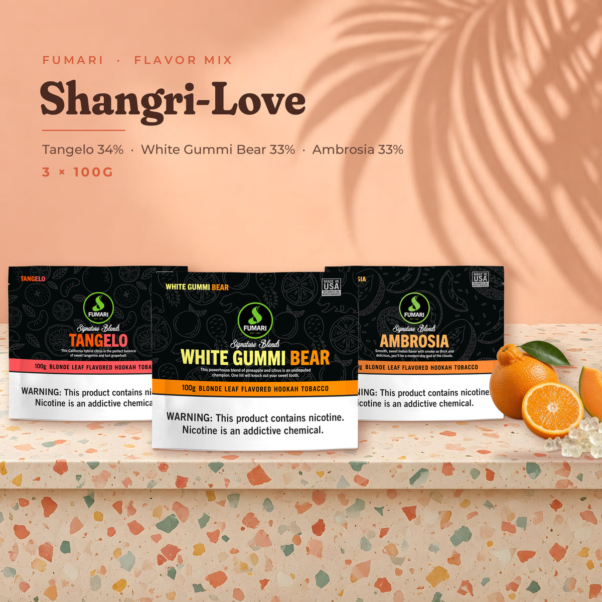 Fumari Flavor Mix Shangri-Love — Tangelo, White Gummi Bear and Ambrosia 100G pouches with fruit