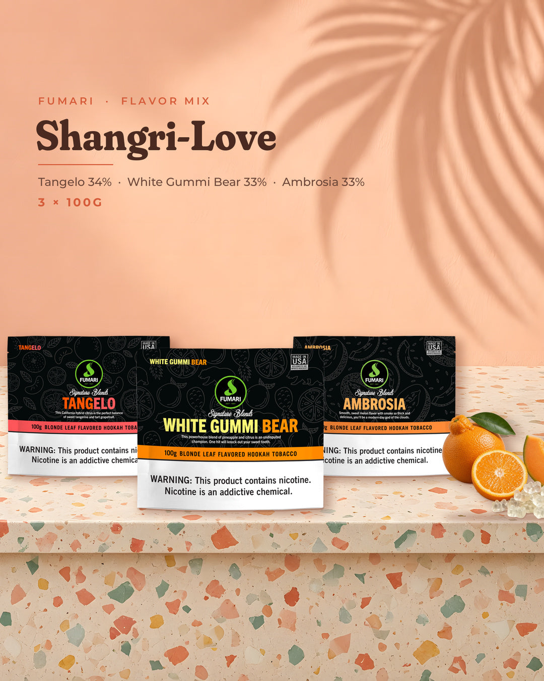 Fumari Flavor Mix Shangri-Love — Tangelo, White Gummi Bear and Ambrosia 100G pouches, portrait tile