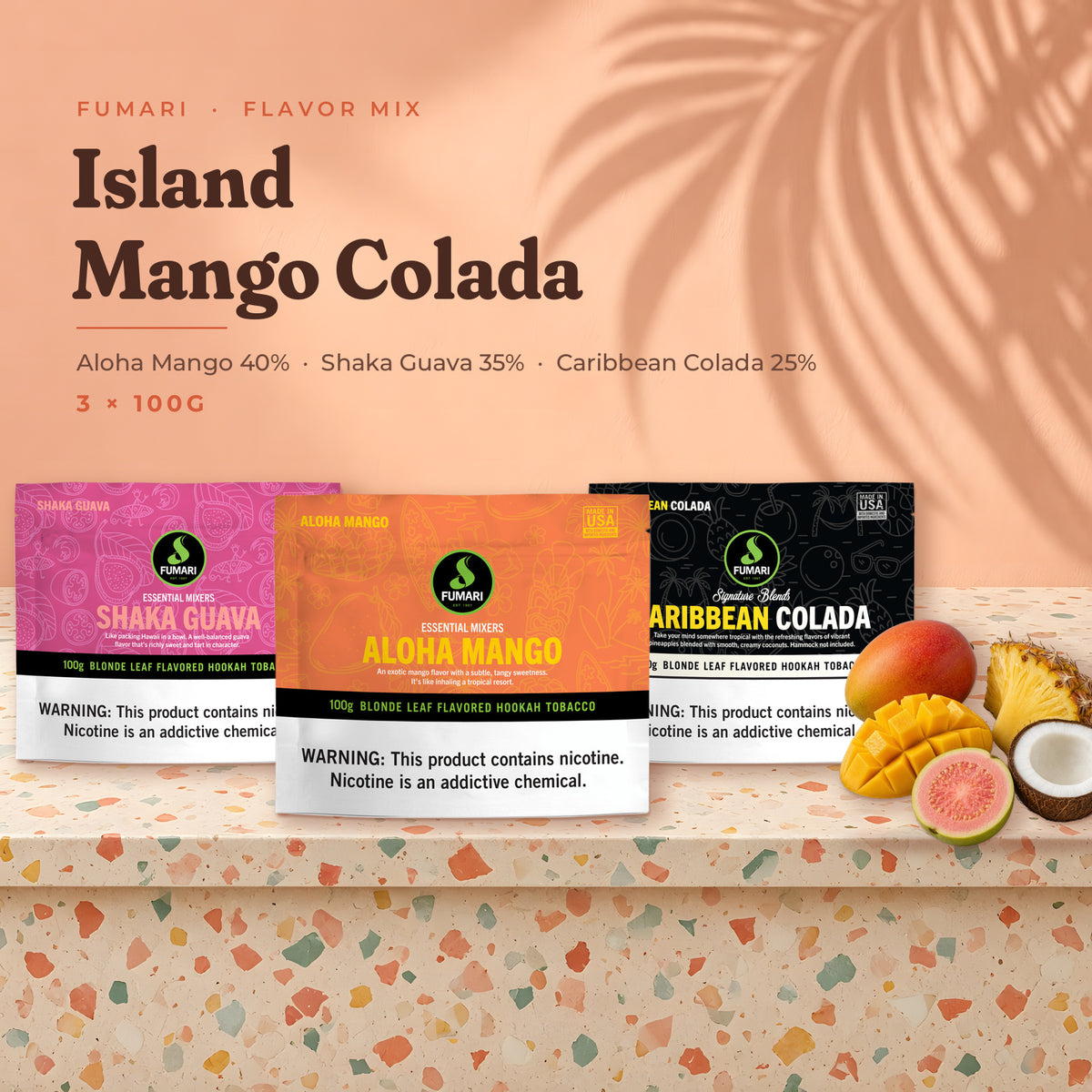 Fumari Flavor Mix Island Mango Colada — Aloha Mango, Shaka Guava and Caribbean Colada 100G pouches with fruit