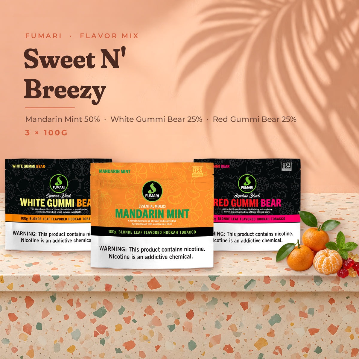 Fumari Flavor Mix Sweet N' Breezy — Mandarin Mint, White Gummi Bear and Red Gummi Bear 100G pouches with fruit