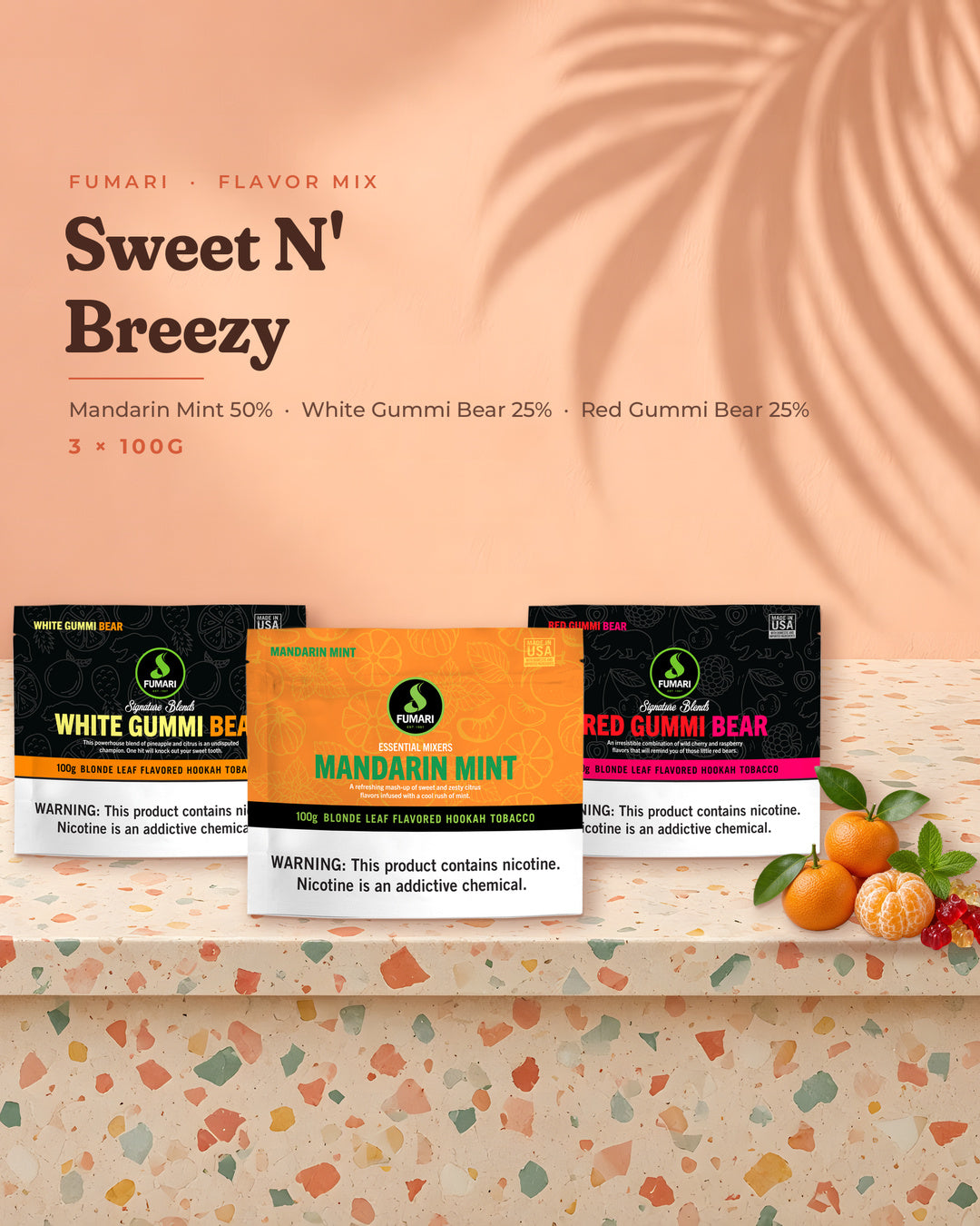 Fumari Flavor Mix Sweet N' Breezy — Mandarin Mint, White Gummi Bear and Red Gummi Bear 100G pouches, portrait tile