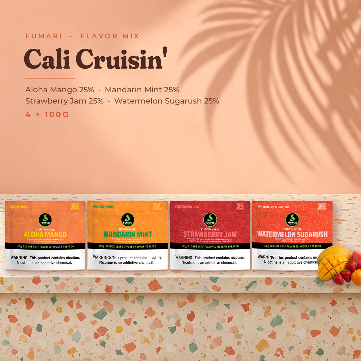 Fumari Flavor Mix Cali Cruisin' — Aloha Mango, Mandarin Mint, Strawberry Jam and Watermelon Sugarush 100G pouches with fruit