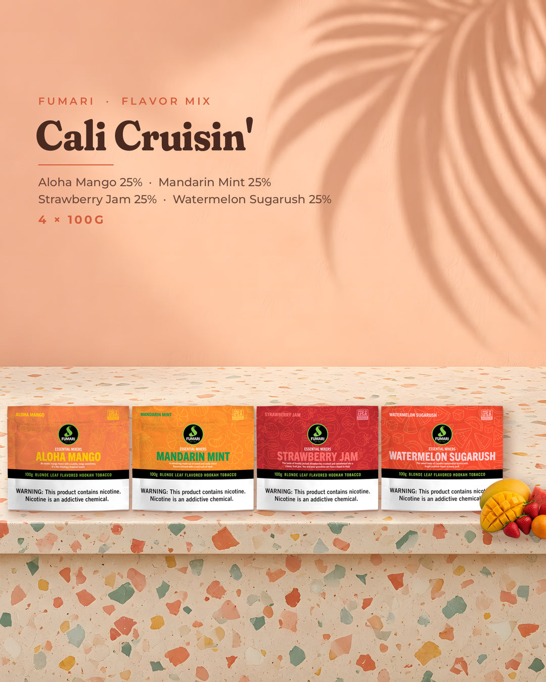 Fumari Flavor Mix Cali Cruisin' — Aloha Mango, Mandarin Mint, Strawberry Jam and Watermelon Sugarush 100G pouches, portrait tile
