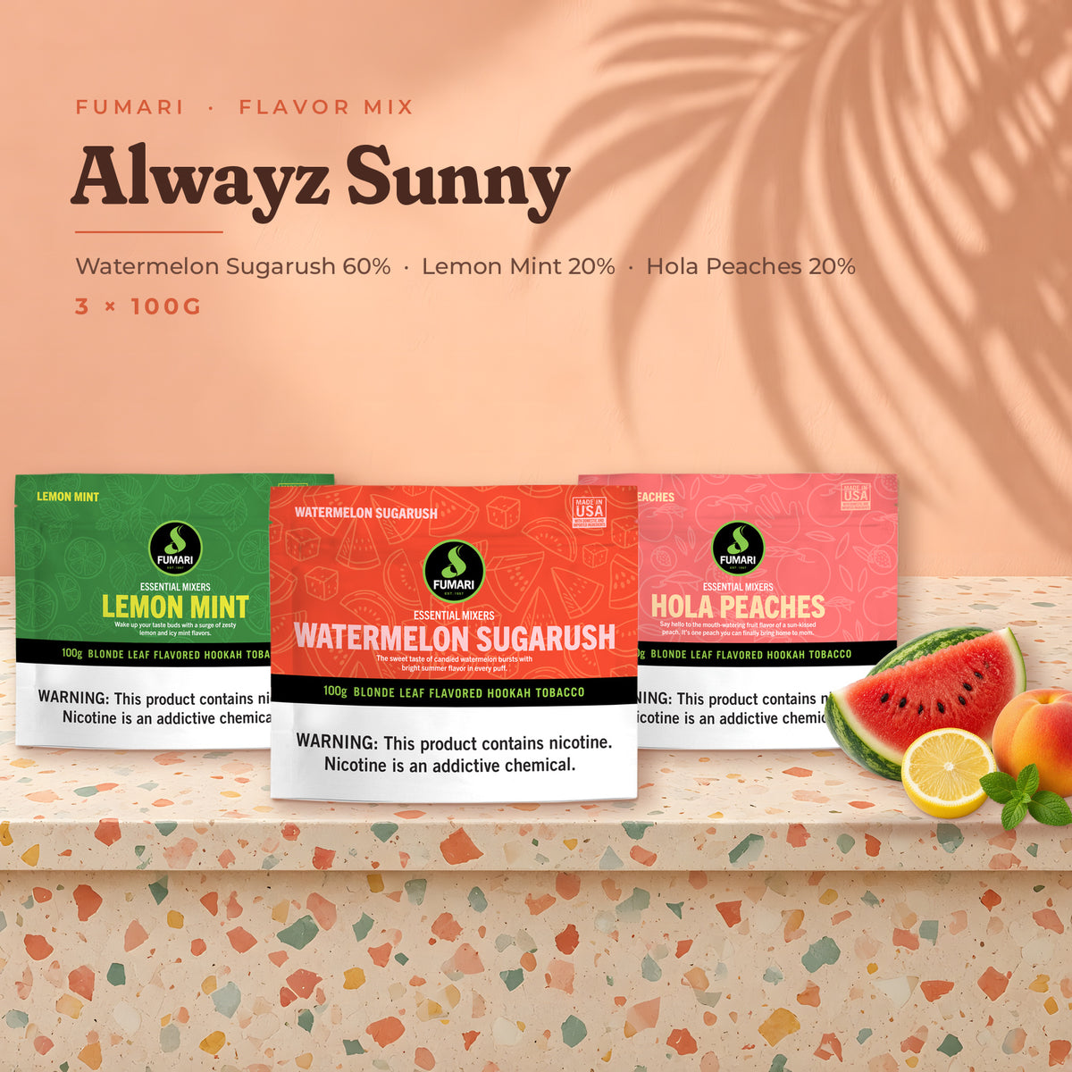 Fumari Flavor Mix Alwayz Sunny — Watermelon Sugarush, Lemon Mint and Hola Peaches 100G pouches with fruit