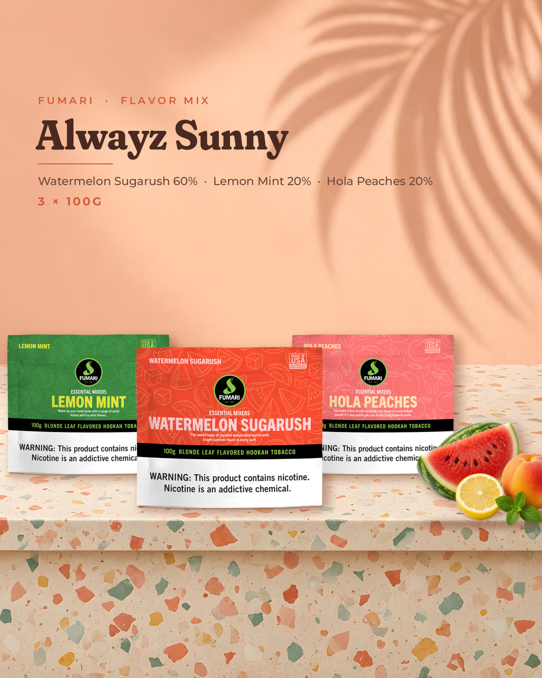 Fumari Flavor Mix Alwayz Sunny — Watermelon Sugarush, Lemon Mint and Hola Peaches 100G pouches, portrait tile