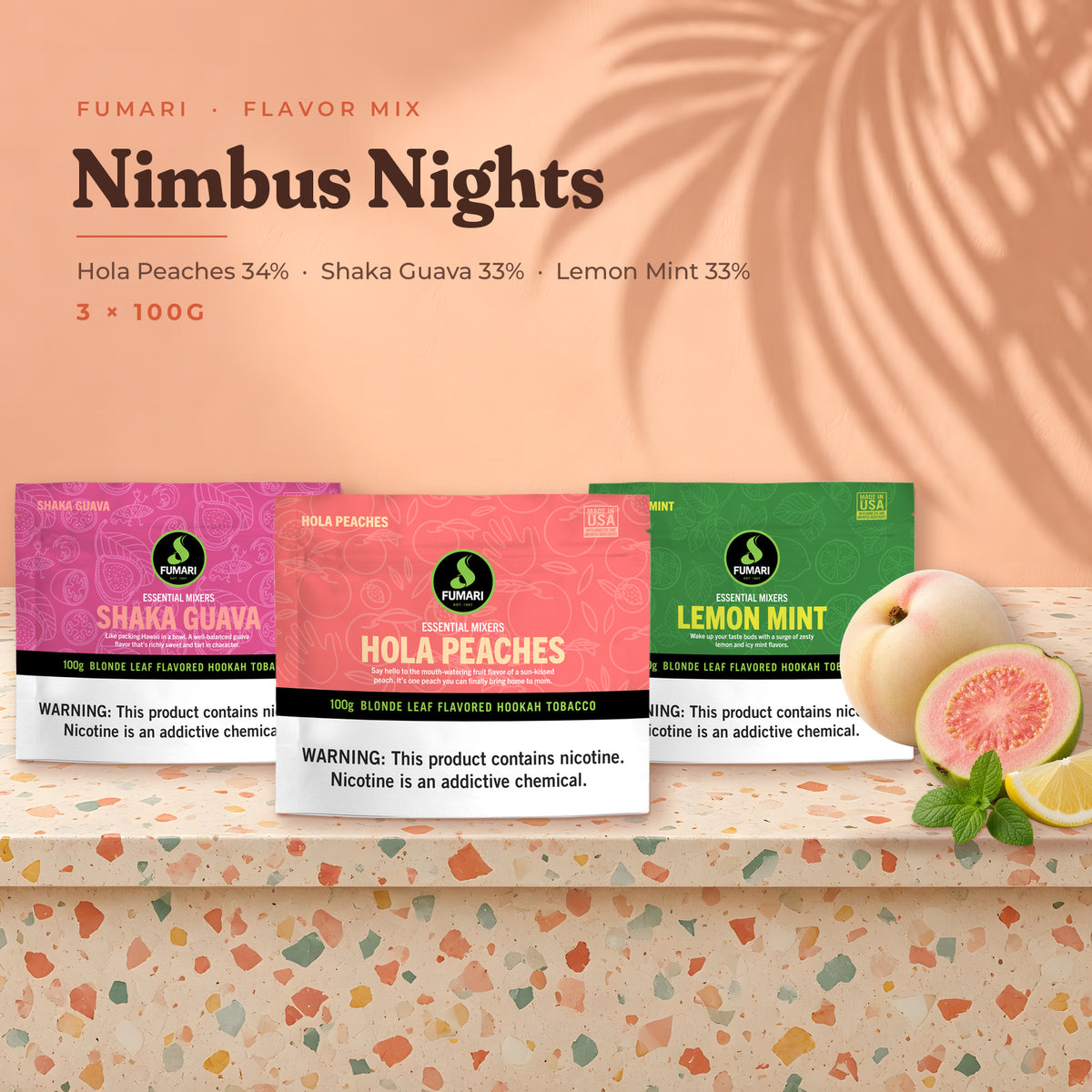 Fumari Flavor Mix Nimbus Nights — Hola Peaches, Shaka Guava and Lemon Mint 100G pouches with fruit