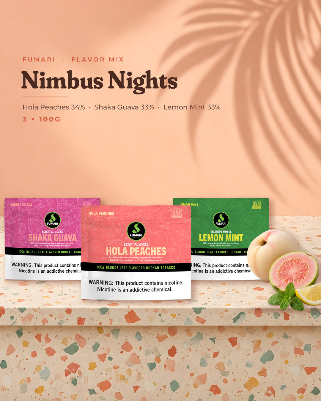 Fumari Flavor Mix Nimbus Nights — Hola Peaches, Shaka Guava and Lemon Mint 100G pouches, portrait tile