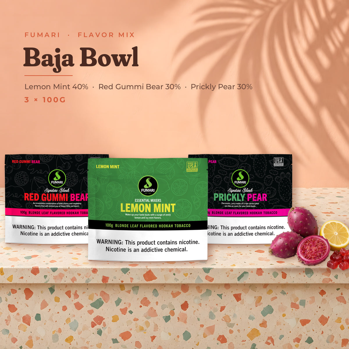 Fumari Flavor Mix Baja Bowl — Lemon Mint, Red Gummi Bear and Prickly Pear 100G pouches with fruit