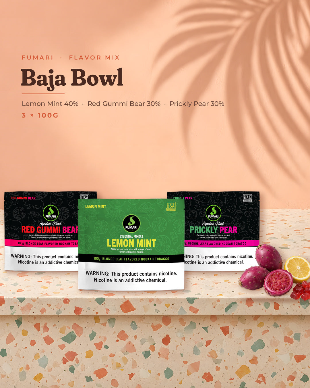 Fumari Flavor Mix Baja Bowl — Lemon Mint, Red Gummi Bear and Prickly Pear 100G pouches, portrait tile