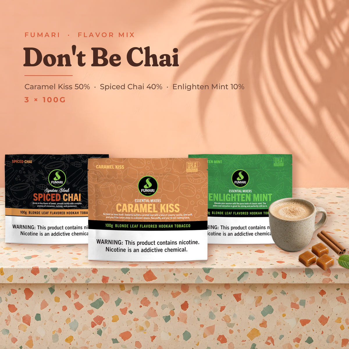 Fumari Flavor Mix Don't Be Chai — Caramel Kiss, Spiced Chai and Enlighten Mint 100G pouches with fruit