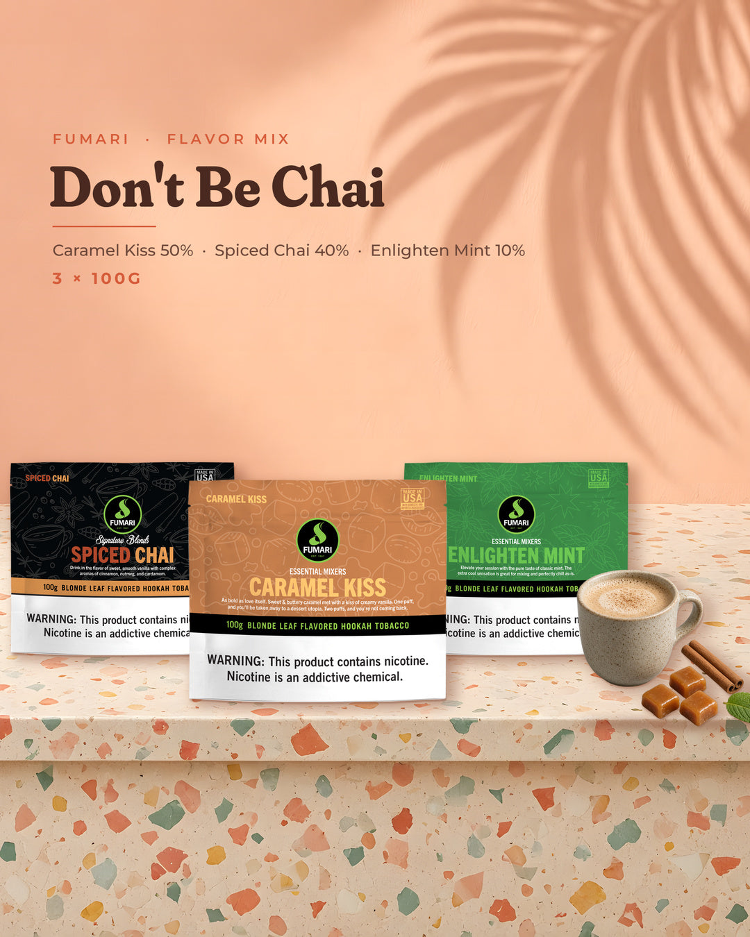 Fumari Flavor Mix Don't Be Chai — Caramel Kiss, Spiced Chai and Enlighten Mint 100G pouches, portrait tile