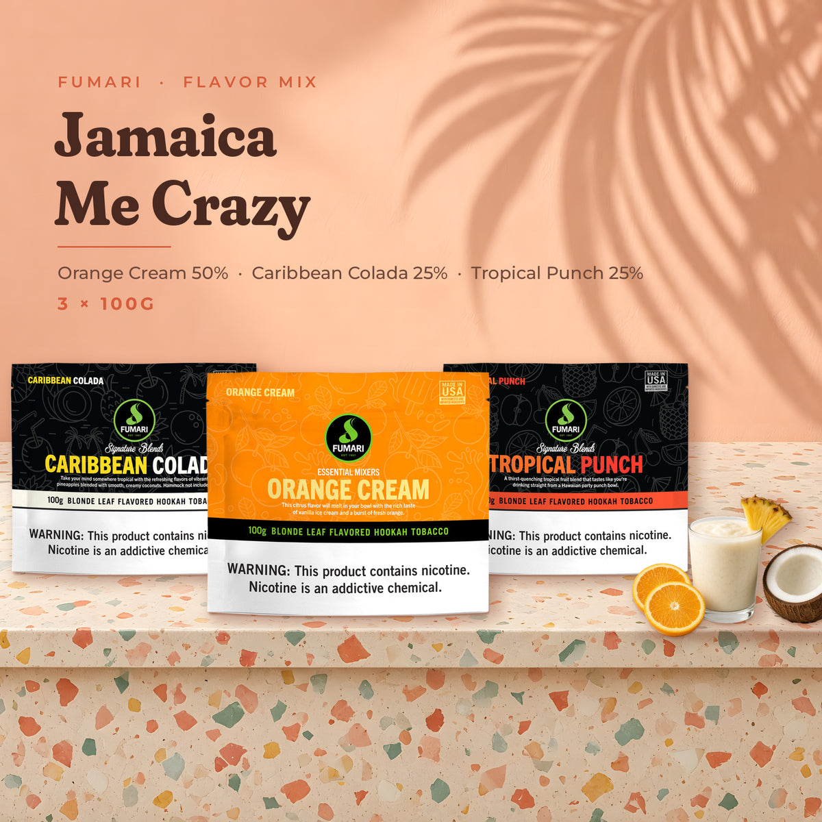Fumari Flavor Mix Jamaica Me Crazy — Orange Cream, Caribbean Colada and Tropical Punch 100G pouches with fruit