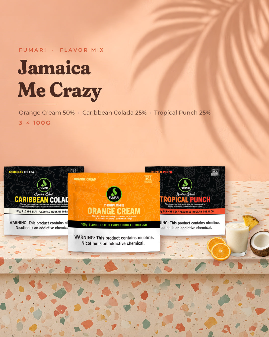 Fumari Flavor Mix Jamaica Me Crazy — Orange Cream, Caribbean Colada and Tropical Punch 100G pouches, portrait tile
