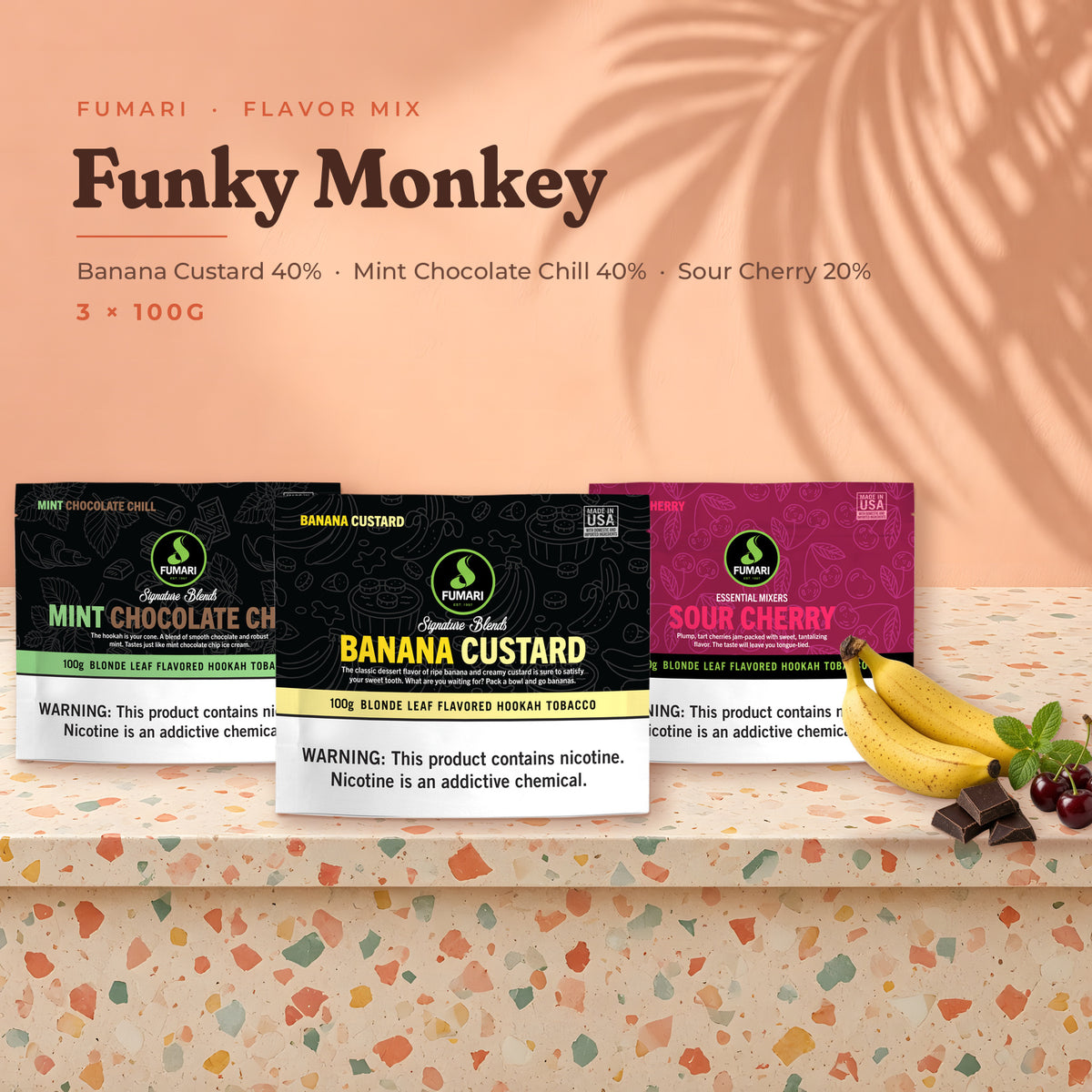 Fumari Flavor Mix Funky Monkey — Banana Custard, Mint Chocolate Chill and Sour Cherry 100G pouches with fruit