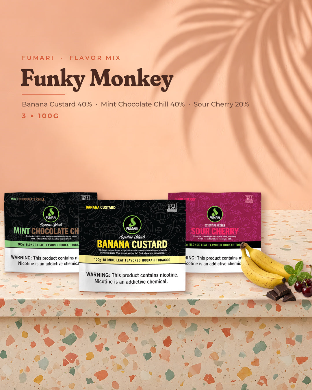 Fumari Flavor Mix Funky Monkey — Banana Custard, Mint Chocolate Chill and Sour Cherry 100G pouches, portrait tile