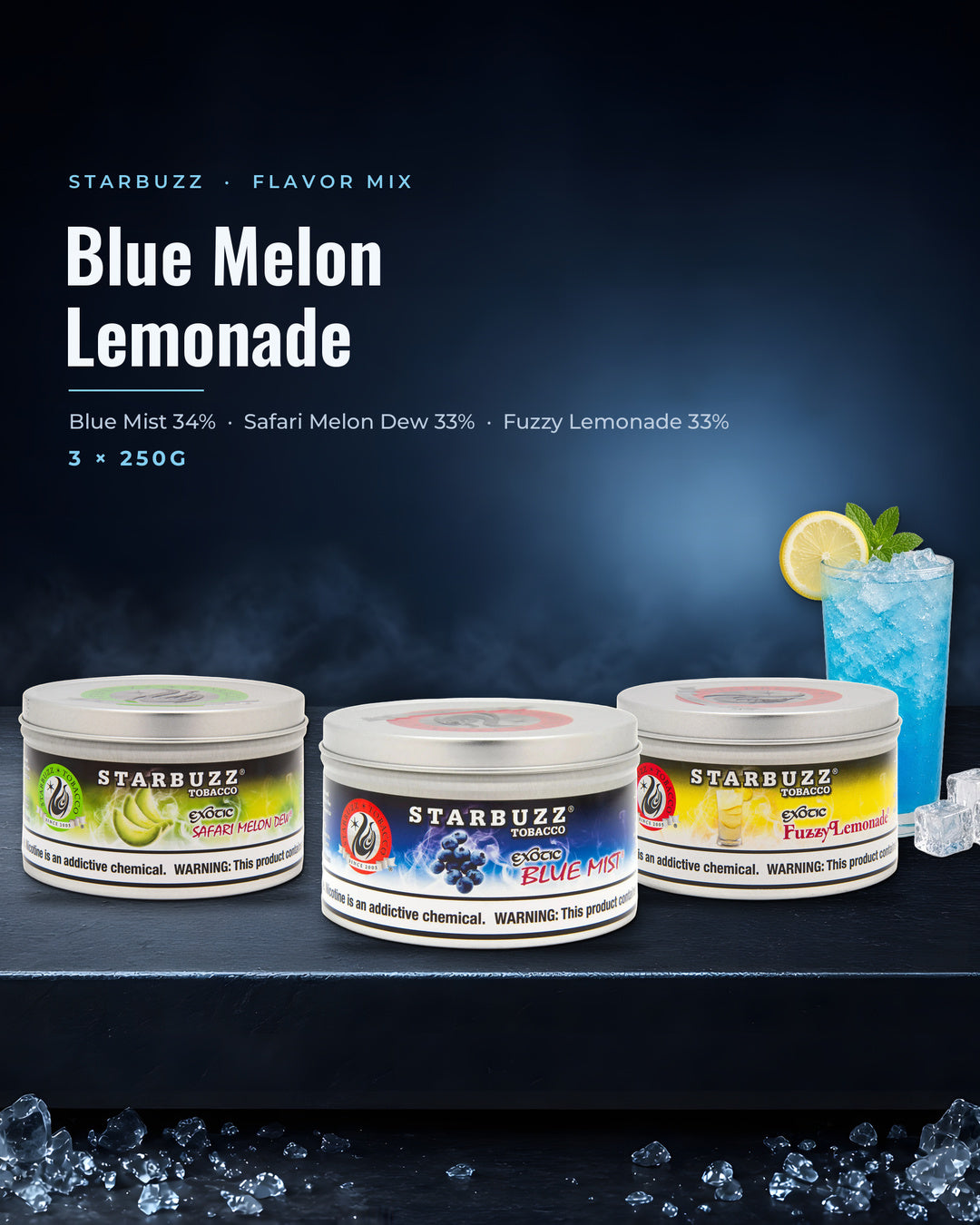 Starbuzz Flavor Mix Blue Melon Lemonade — Blue Mist, Safari Melon Dew and Fuzzy Lemonade 250G tins, portrait tile