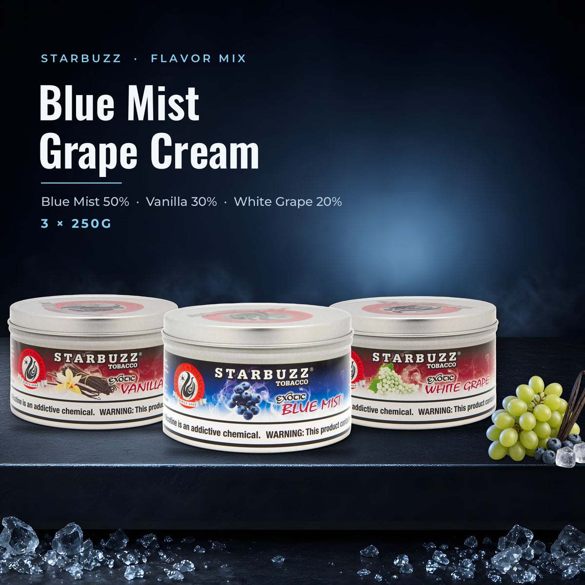 Starbuzz Flavor Mix Blue Mist Grape Cream — Blue Mist, Vanilla and White Grape 250G tins with fruit