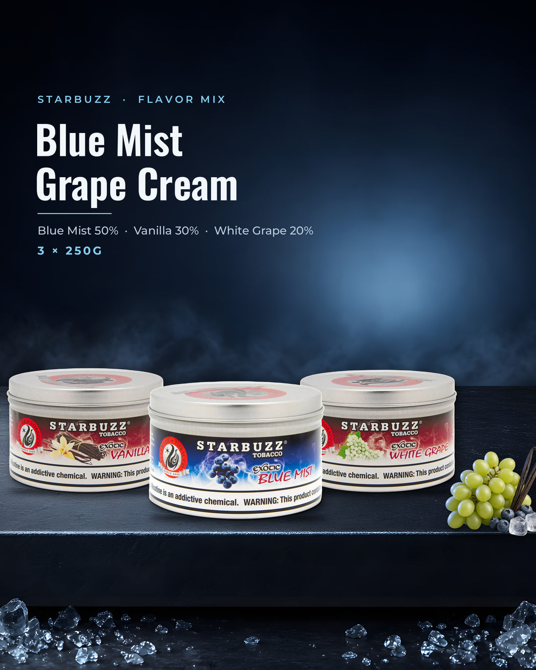 Starbuzz Flavor Mix Blue Mist Grape Cream — Blue Mist, Vanilla and White Grape 250G tins, portrait tile