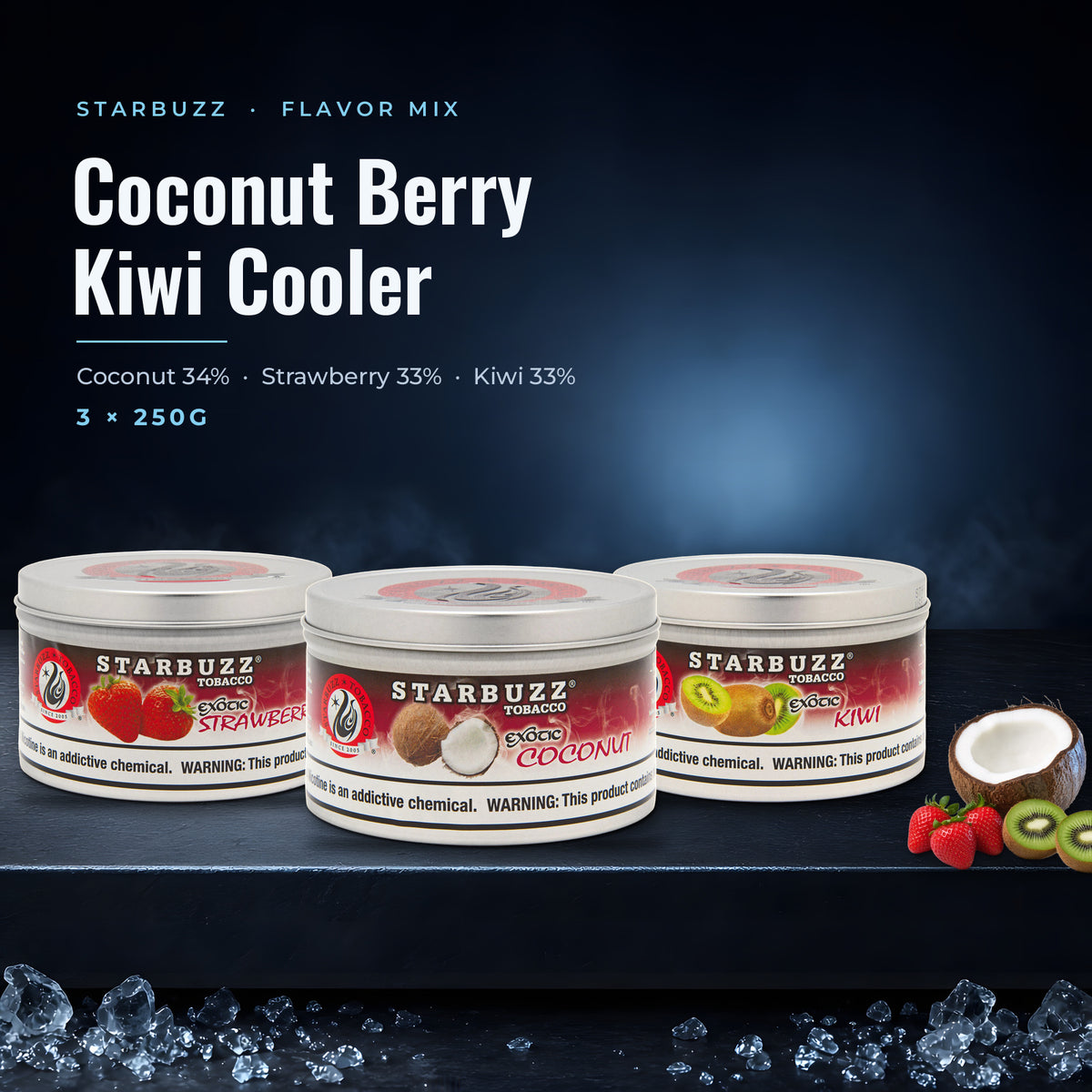 Starbuzz Flavor Mix Coconut Berry Kiwi Cooler — Coconut, Strawberry and Kiwi 250G tins with fruit