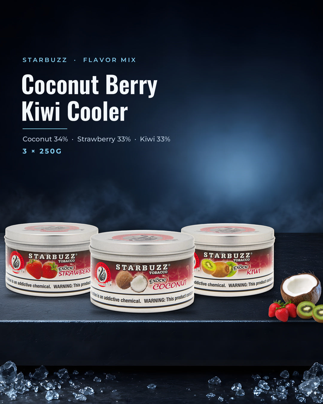 Starbuzz Flavor Mix Coconut Berry Kiwi Cooler — Coconut, Strawberry and Kiwi 250G tins, portrait tile