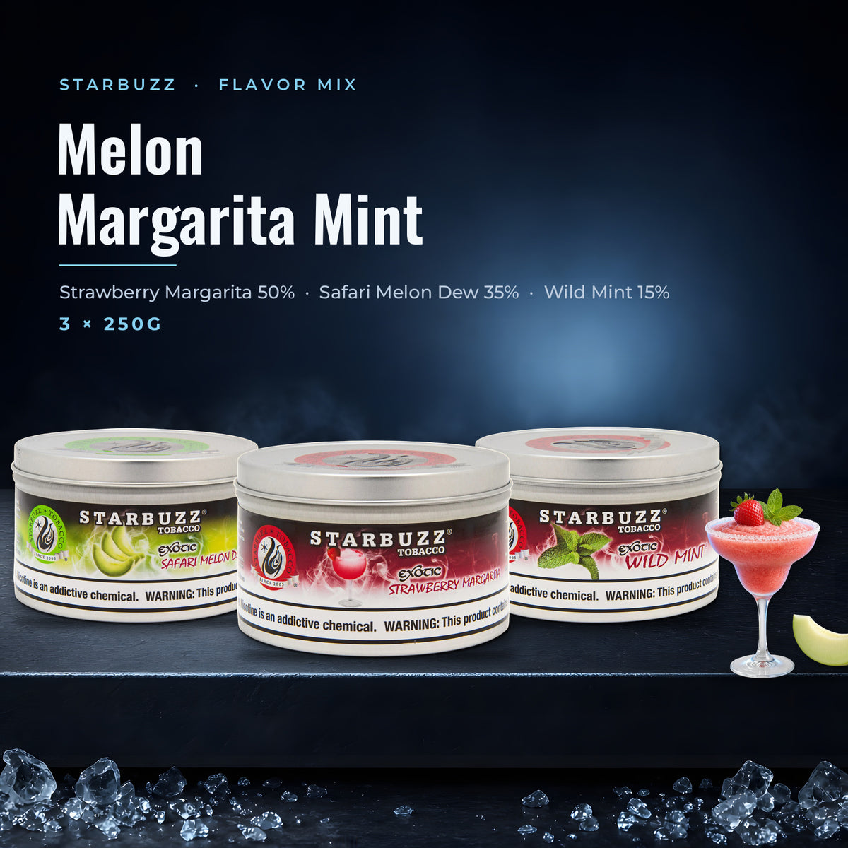 Starbuzz Flavor Mix Melon Margarita Mint — Strawberry Margarita, Safari Melon Dew and Wild Mint 250G tins with fruit