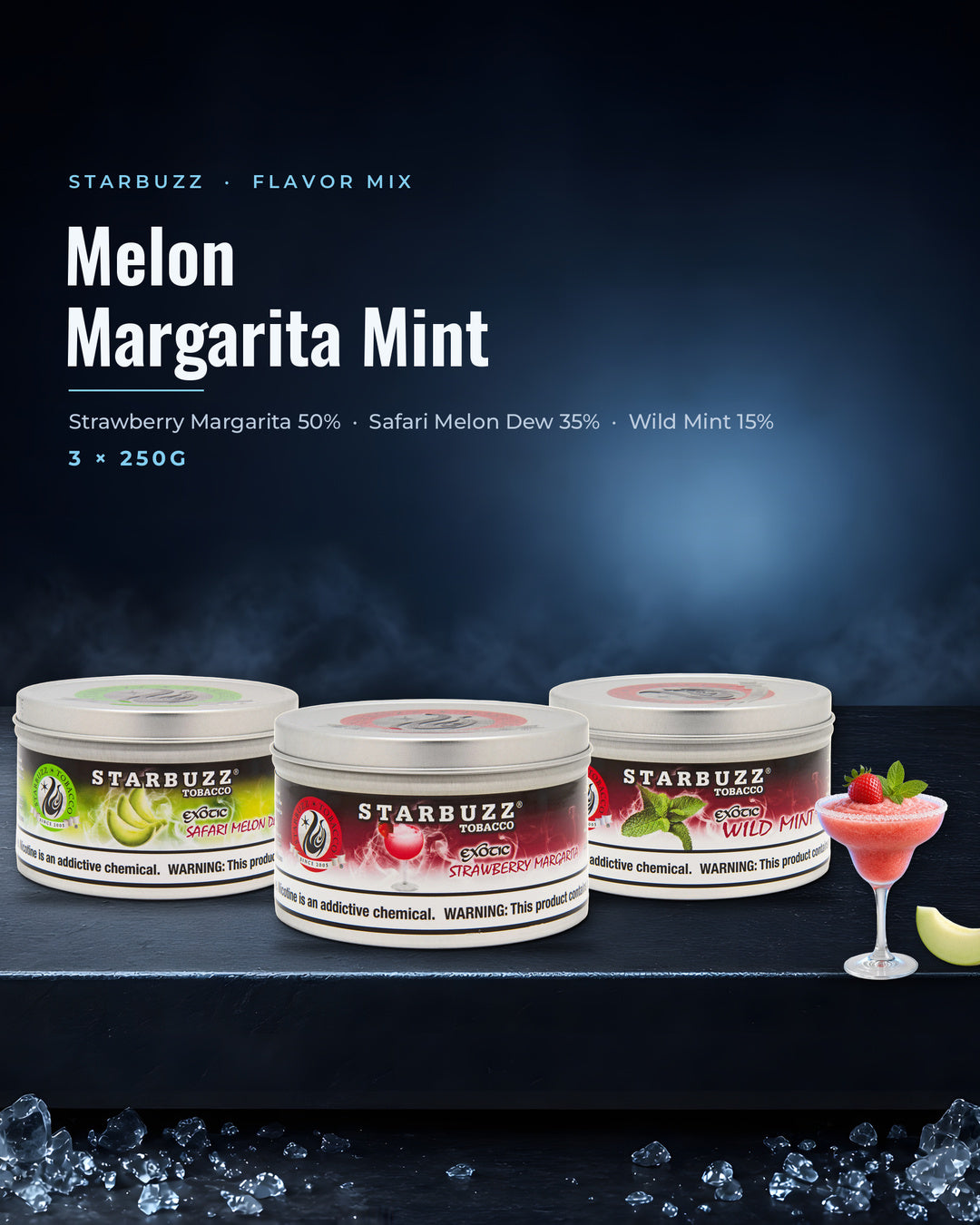 Starbuzz Flavor Mix Melon Margarita Mint — Strawberry Margarita, Safari Melon Dew and Wild Mint 250G tins, portrait tile