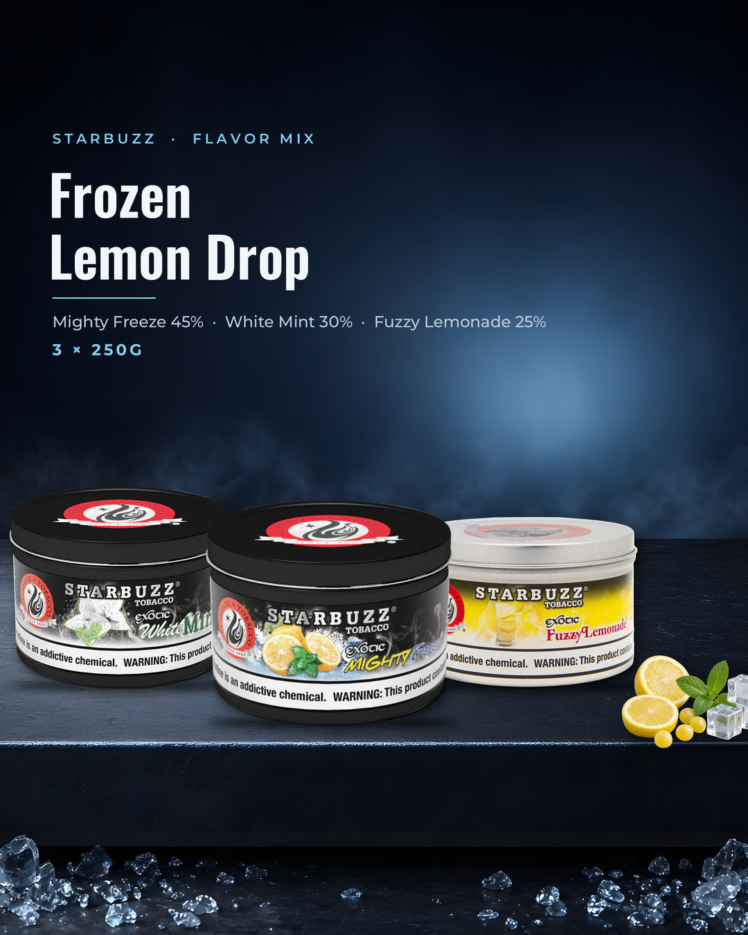 Starbuzz Flavor Mix Frozen Lemon Drop — Bold Mighty Freeze, Bold White Mint and Fuzzy Lemonade 250G tins, portrait tile