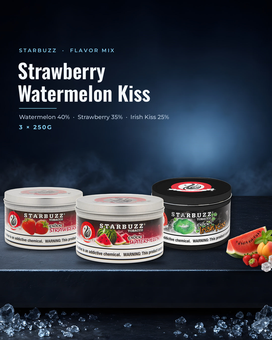 Starbuzz Flavor Mix Strawberry Watermelon Kiss — Watermelon, Strawberry and Bold Irish Kiss 250G tins, portrait tile