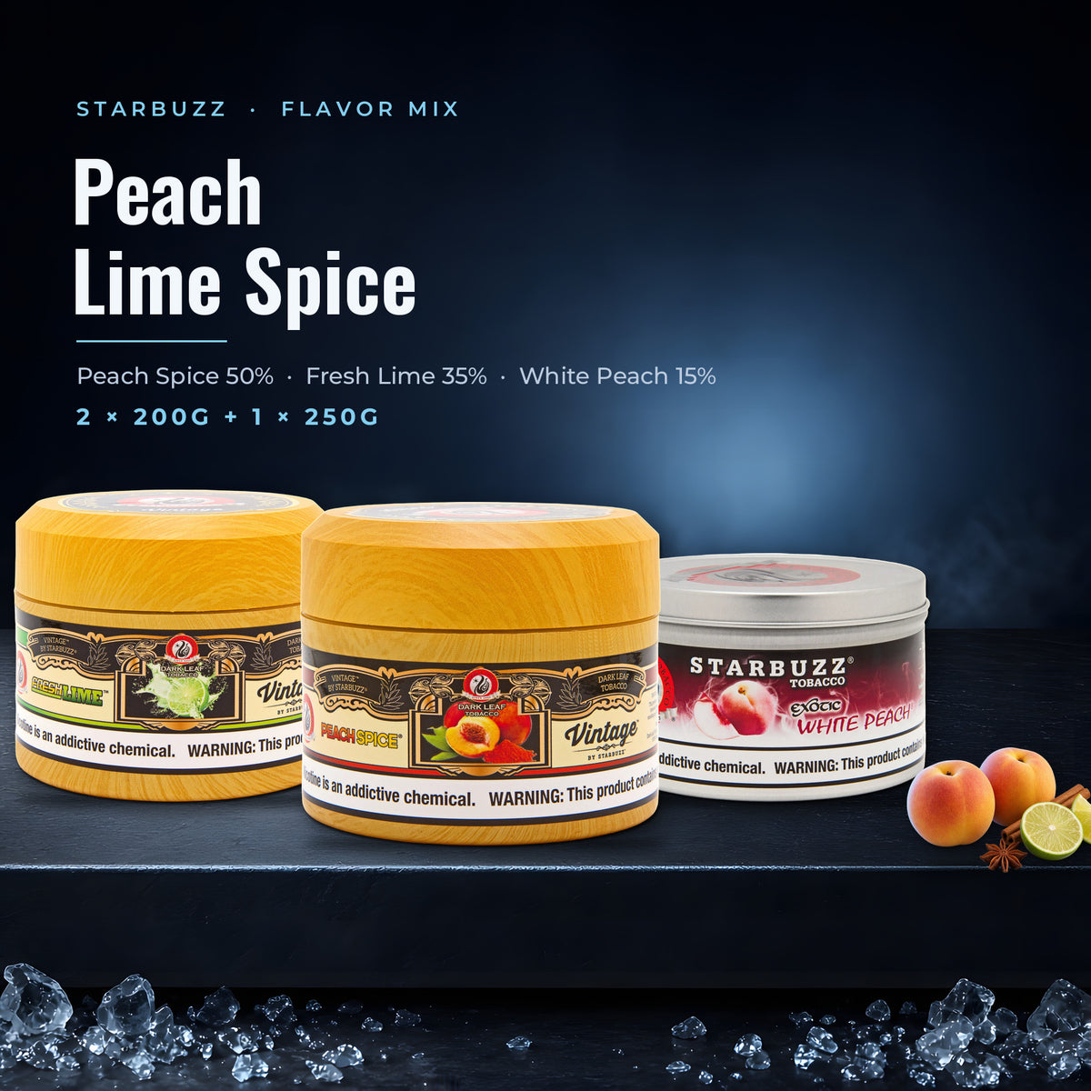 Starbuzz Flavor Mix Peach Lime Spice — Vintage Peach Spice, Vintage Fresh Lime and White Peach 200G and 250G containers with fruit
