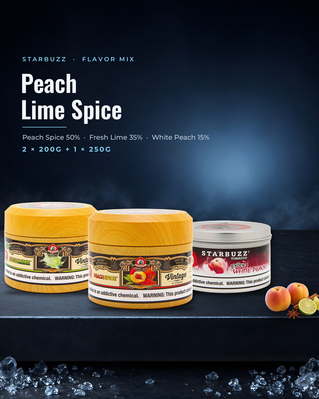 Starbuzz Flavor Mix Peach Lime Spice — Vintage Peach Spice, Vintage Fresh Lime and White Peach 200G and 250G containers, portrait tile